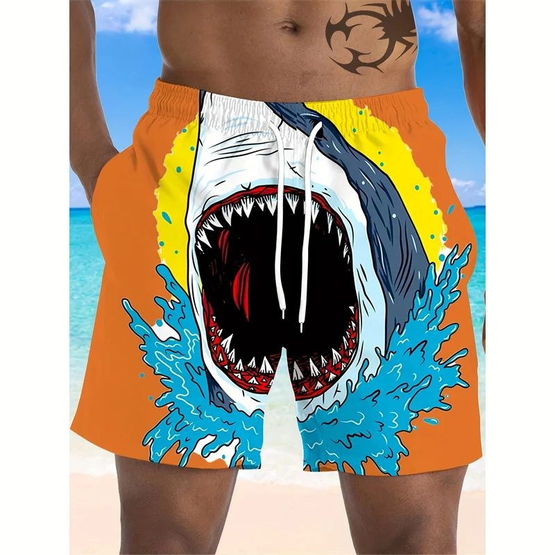 3D Print Cartoon Shark Graphic Beach Shorts For Men Colorful Fish Pattern Hawaiian Short Pants Loose Quick Dry Breathable Trunks