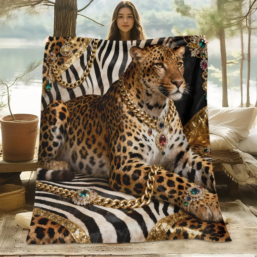 1pc Comfortable And Luxurious Leopard Print Necklace Flannel Blanket, Suitable for All Seasons, Cooling Blanket, Soft And Breath