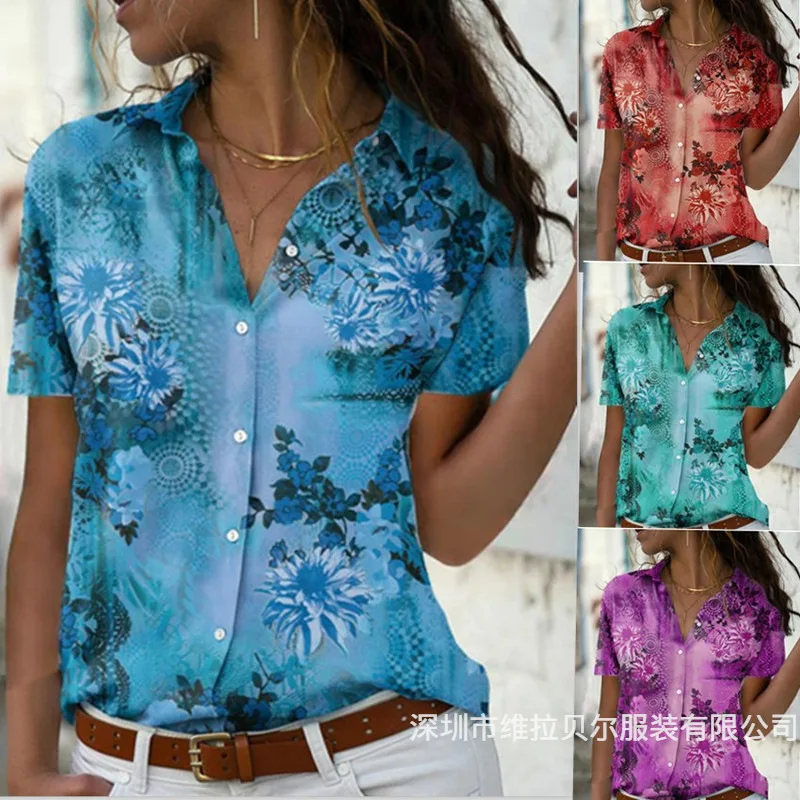 woman's Shirts Superior Quality spring/summer Floral Print Short Sleeve Fashion Ladies Tops Shirt Dropshipping WLBR34611