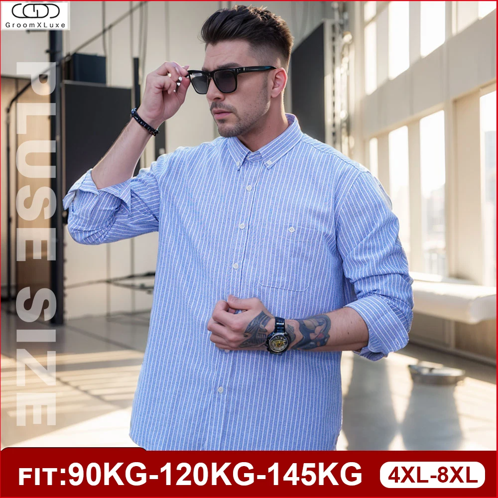 GEOOMXLUXE kemeja Oxford motif garis untuk pria, kemeja bisnis kasual bersirkulasi ukuran besar, Atasan Pria ukuran besar 145KG