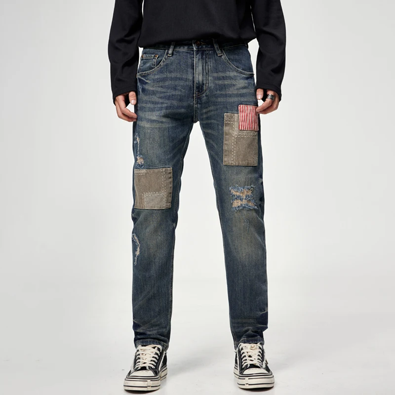 

New Trendy Needle Sewn Jeans With Men'S Patches Heavy-Duty Embroidery Cool And Personalized Slim Fit Small Straight Leg Pants