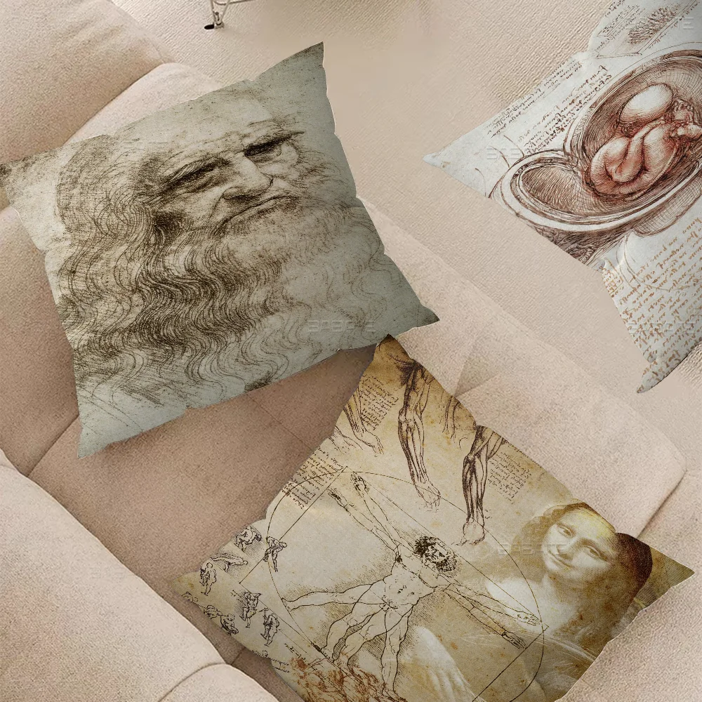 Leonardo Da Vinci Manuscript Vitruvian Man Pillow Covers Cartoon Sofa Decorative Home Printing Short Plush Cute Cushion Cover