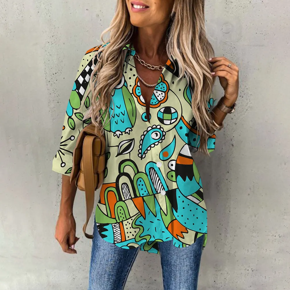 2024 Women\'s shirt & blouses  Printed Button  Shirt Human face Abstract Art Face Printed Shirt Casual Plus-Size Loose blouses