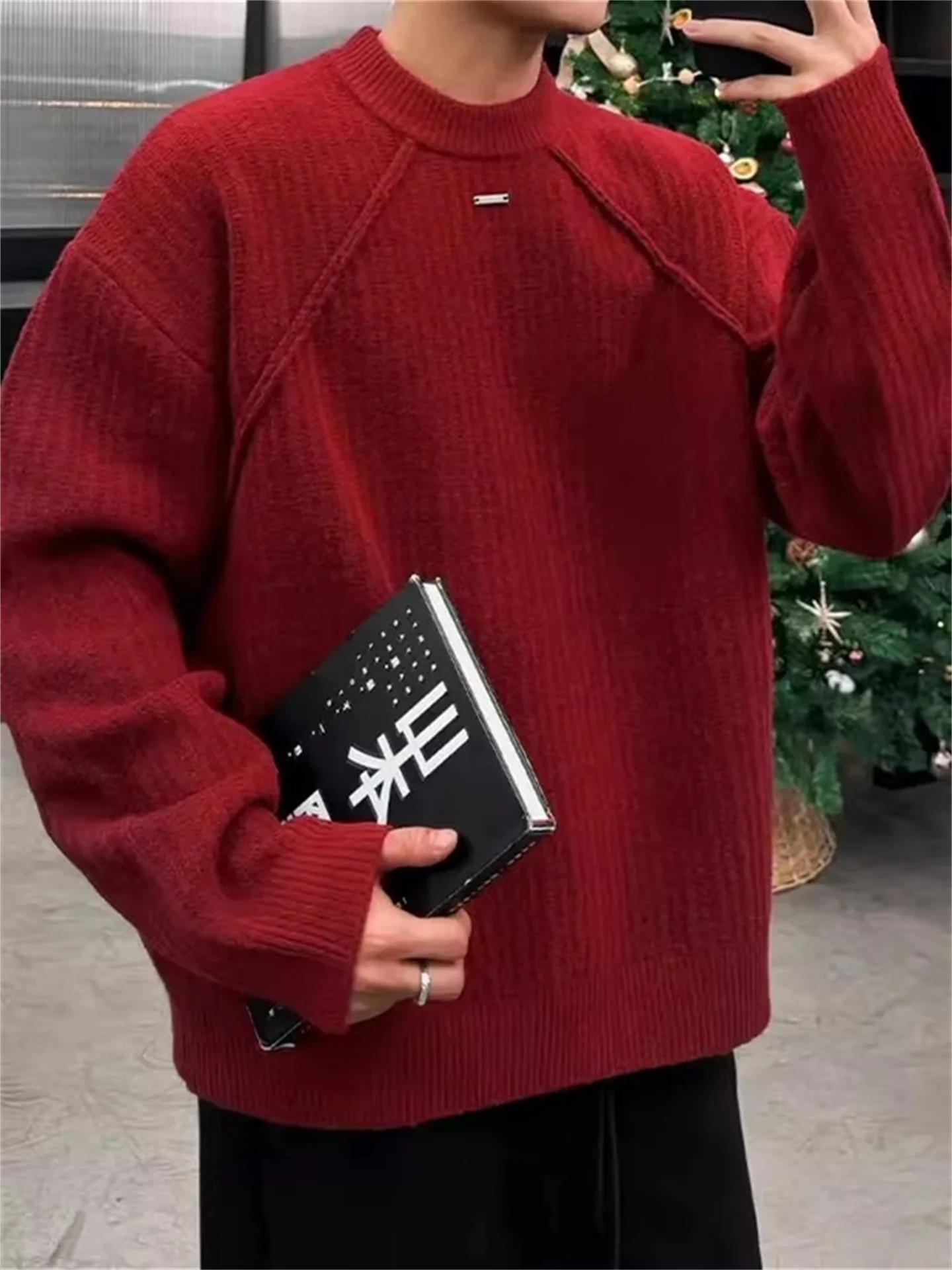 

Красный вязаный свитер мужской, осенне-зимний, плотной вязки, с эффектом драпировки, премиум-класса, базовый слой, модный мужской трикотаж