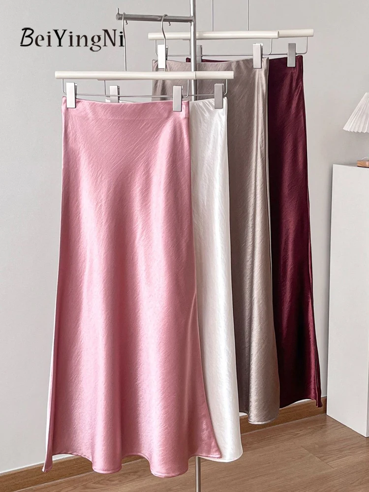 Beiyingni Woman's Satin Maxi Trumpet Skirt Elegant High Street Office Ladies Luxury A-line Skirt Slim Casual Beige Faldas Saias