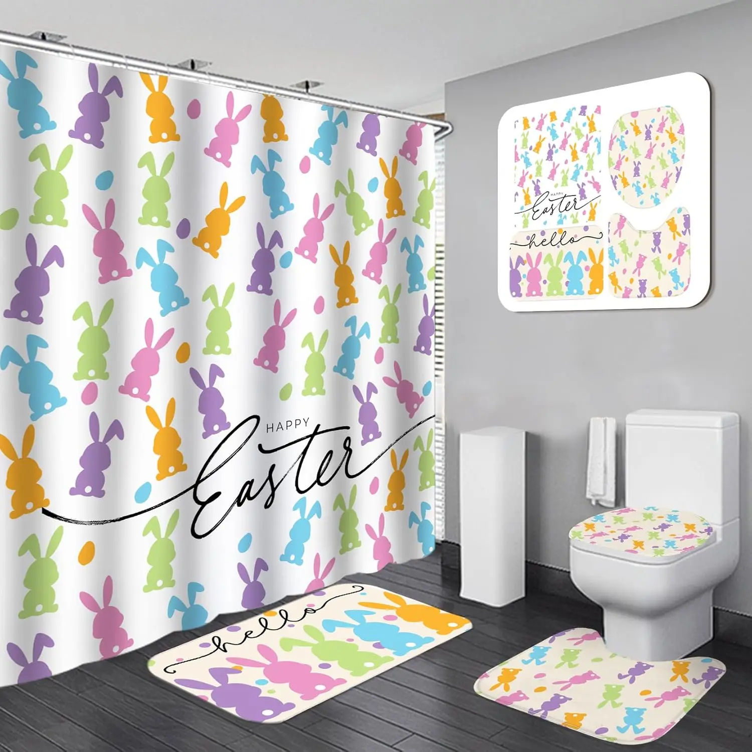 

4-Piece Easter Bunny Shower Curtain Set with Non-Slip Rugs and Hooks for Spring Bathroom Decor