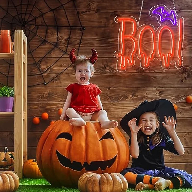 

Halloween Orange Purple Bat Neon Sign USB Dimmable Light Up Sign for Halloween Trick or Treat Party Game Backdrop