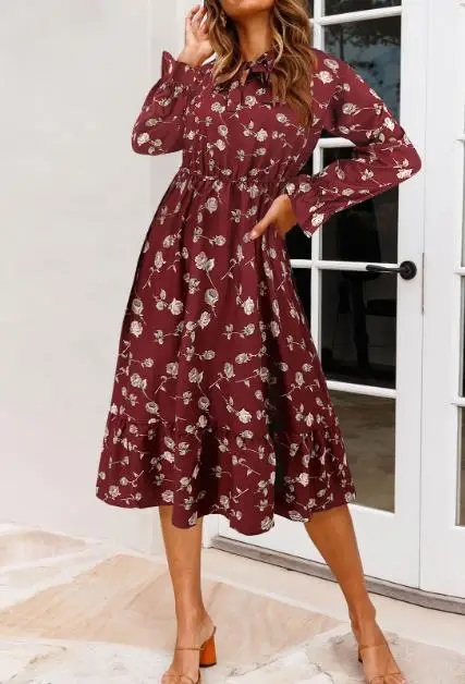 Primavera 2025 novo vestido feminino, design de cintura, formato de trompete elegante, mangas compridas, bordas com babados, padrão de flor