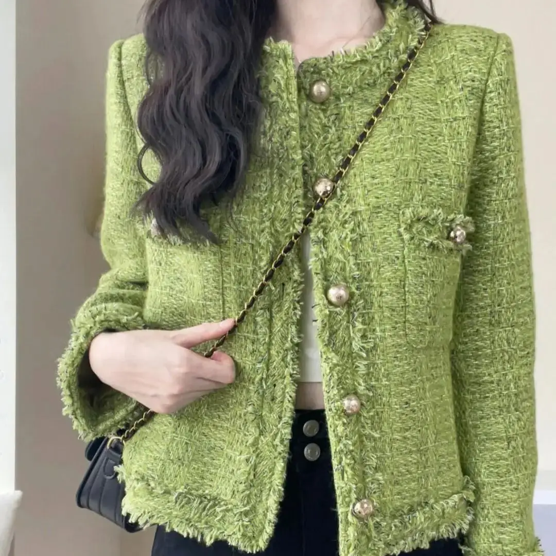 

Tweed Jacket High Quality Single-Breasted Short 2023 New Aspring Autumn Korean Style Women Long-Sleeved Green Casual Jacket