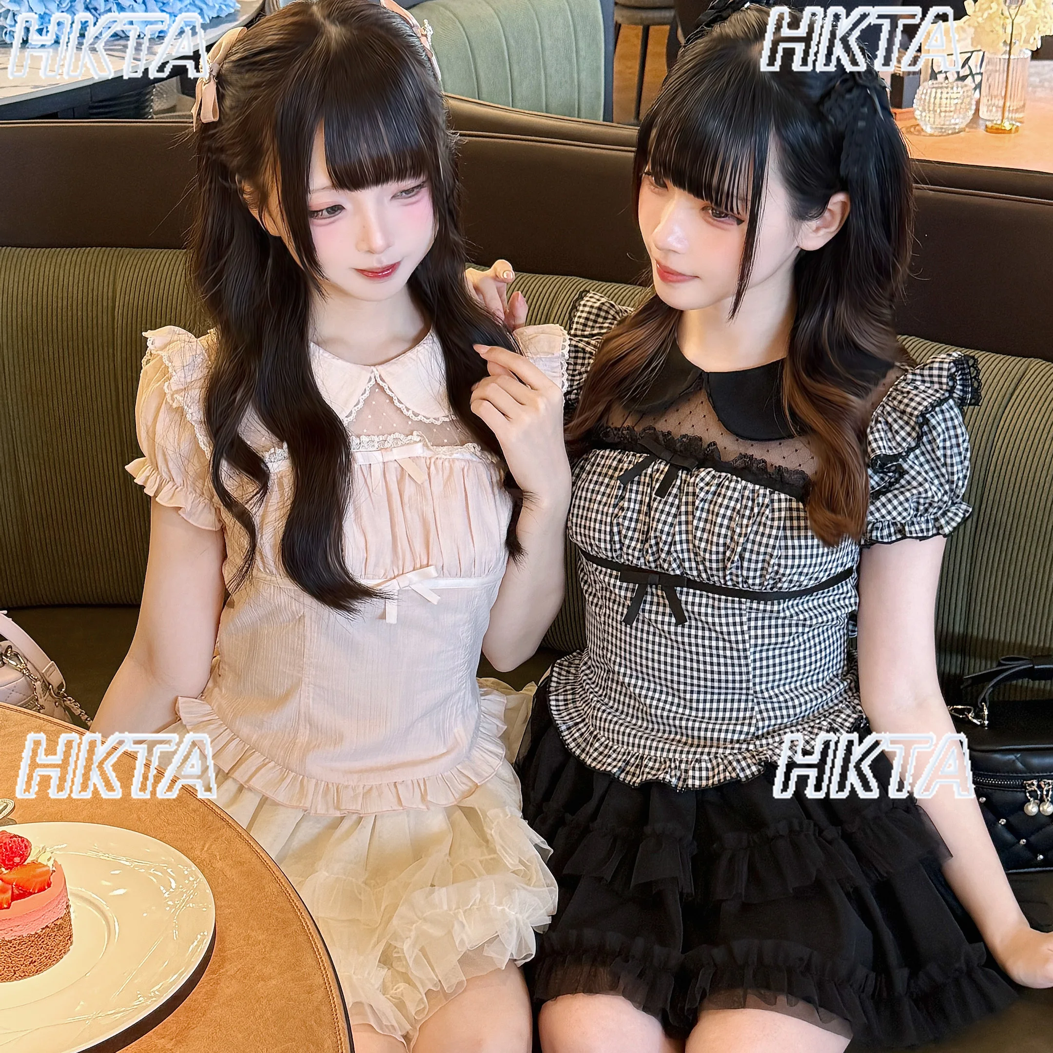 Japonês doce arco fino gola boneca manga curta lolita curto topo t camisas femininas outono bonito renda xadrez preto e branco camisa