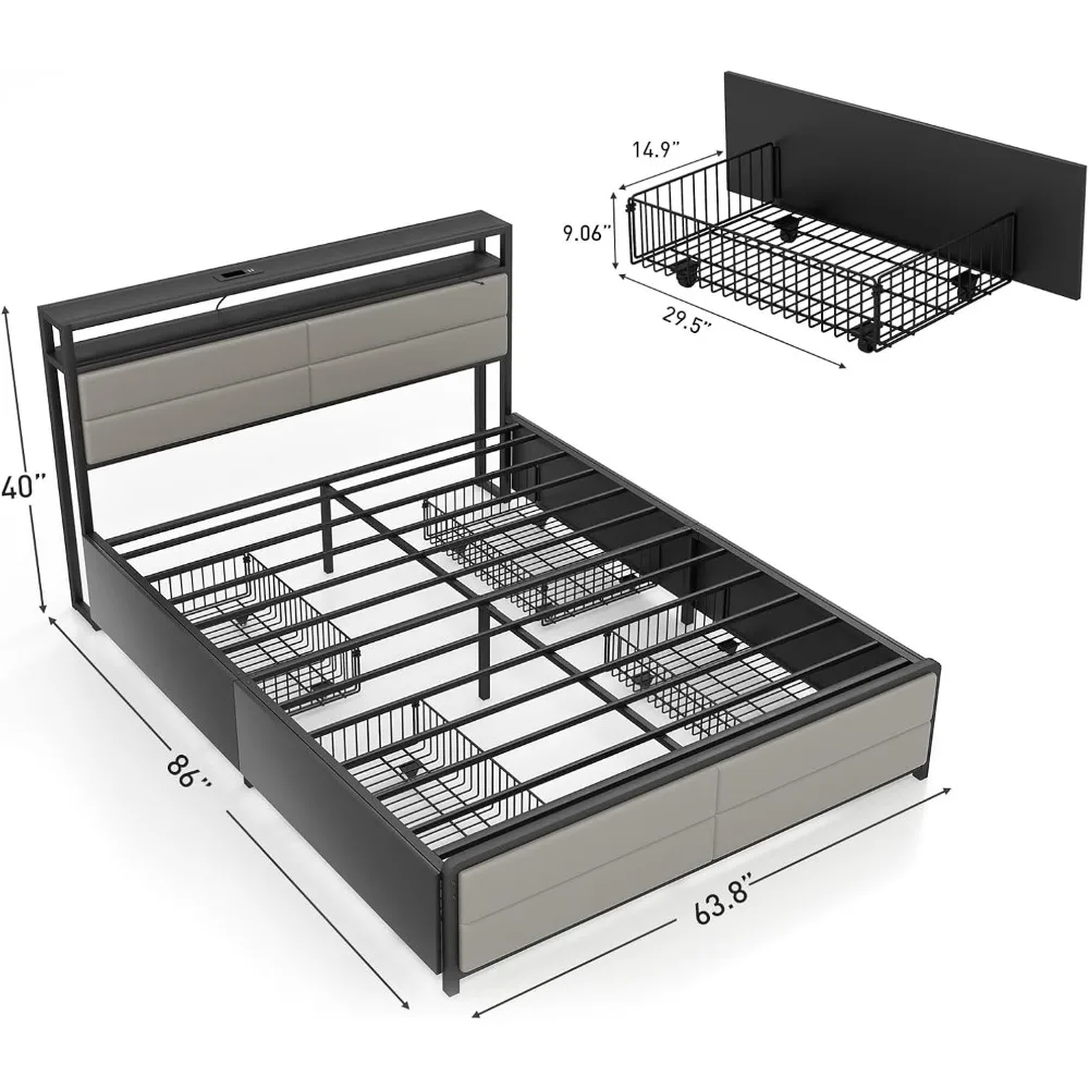 Bed Frame with 4 Storage Drawers and USB Port, Platform Bed Frame with Lights, Strong Metal Slats Support, No Box Spring