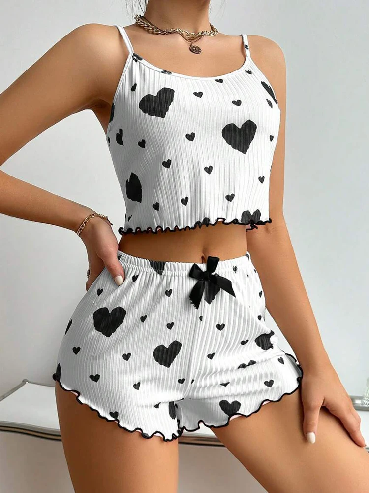 

Summer Heart Print Pajama Set for Women Casual Sleeveless Vest and Shorts Soft Breathable Sleepwear Loungewear for Nightwear