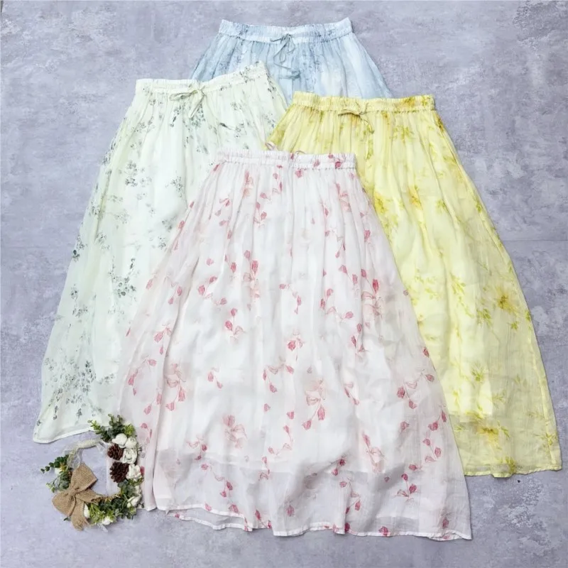 Johnature Summer Lightweight Ramie Printed Elastic Waist Half Skirt New Loose Versatile Drawstring Lined Double-layer Half Skirt