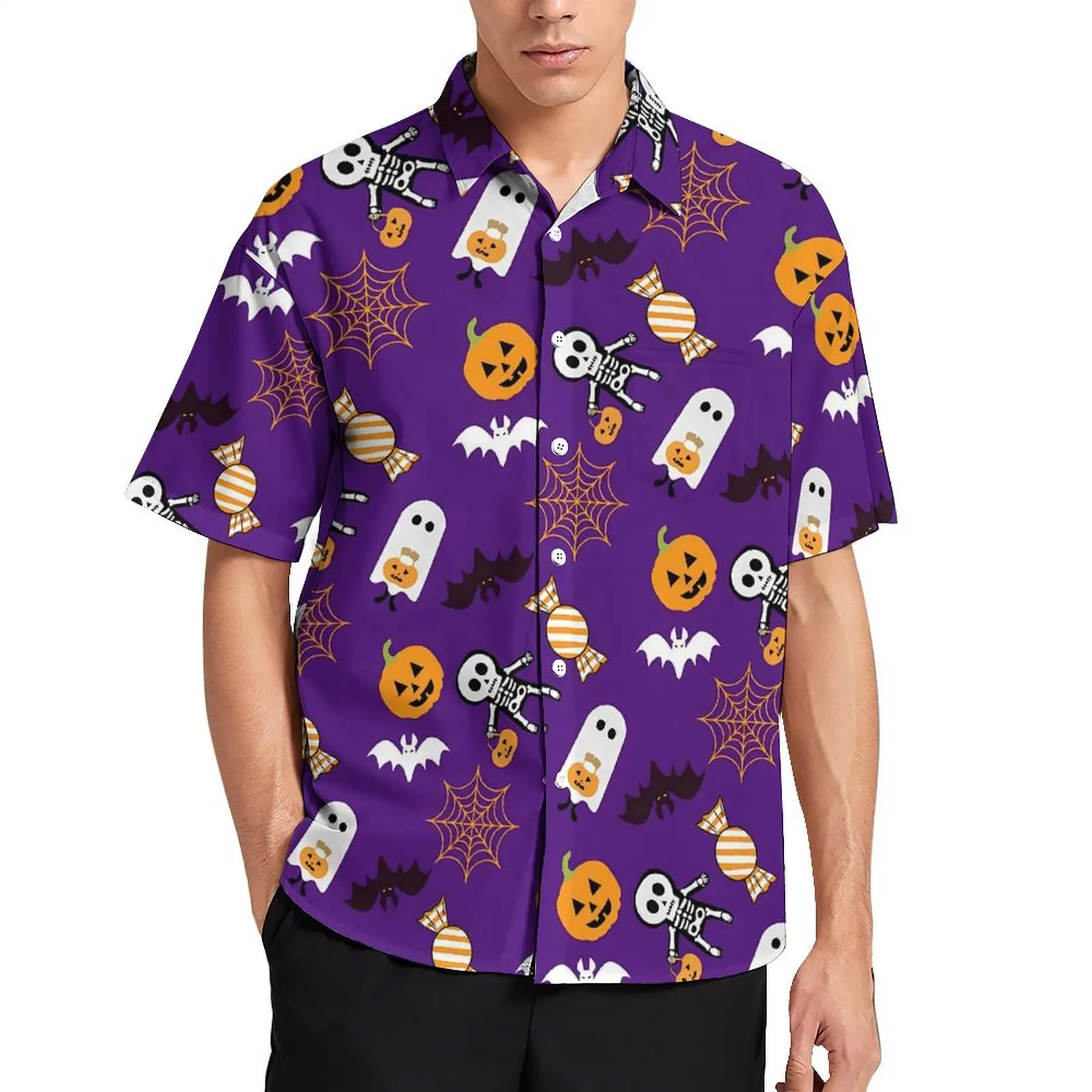 

Hawaiian Shirt Vacation Pumpkins Spooky Blouses Halloween Ghost Trendy Casual Shirts Man Short Sleeve Streetwear Oversized Tops