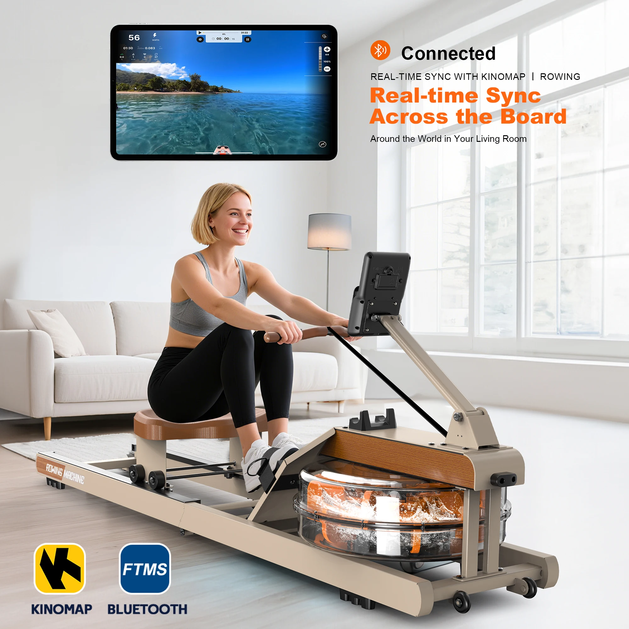 Faltbares Wasser-Rudergerät | 160KG Traglast | Bluetooth-Monitor | 180 ° Klappbares Heimtrainer-Rudergerät mit Aufbewahrungsrädern