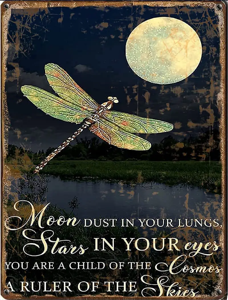 LZNANG Metal Tin Sign Wall Decor,8x12Inches - Dragonfly Full Moon A Ruler of The Skies - Funny Vintage Tin Sign Wall Plaque sign
