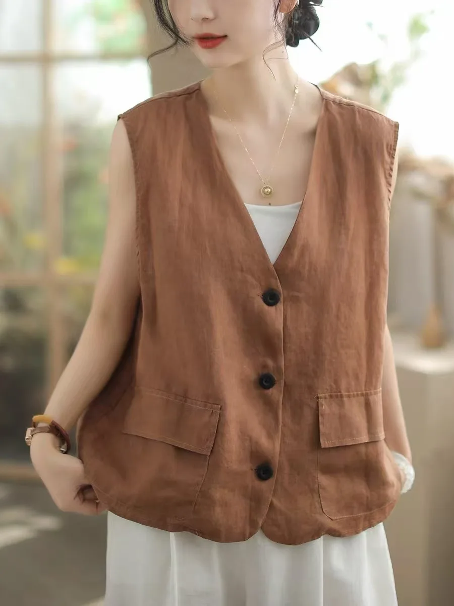 

Художественный однотонный хлопковый льняной жилет с v-образным вырезом, женский летний тонкий повседневный элегантный многослойный топ с плечами