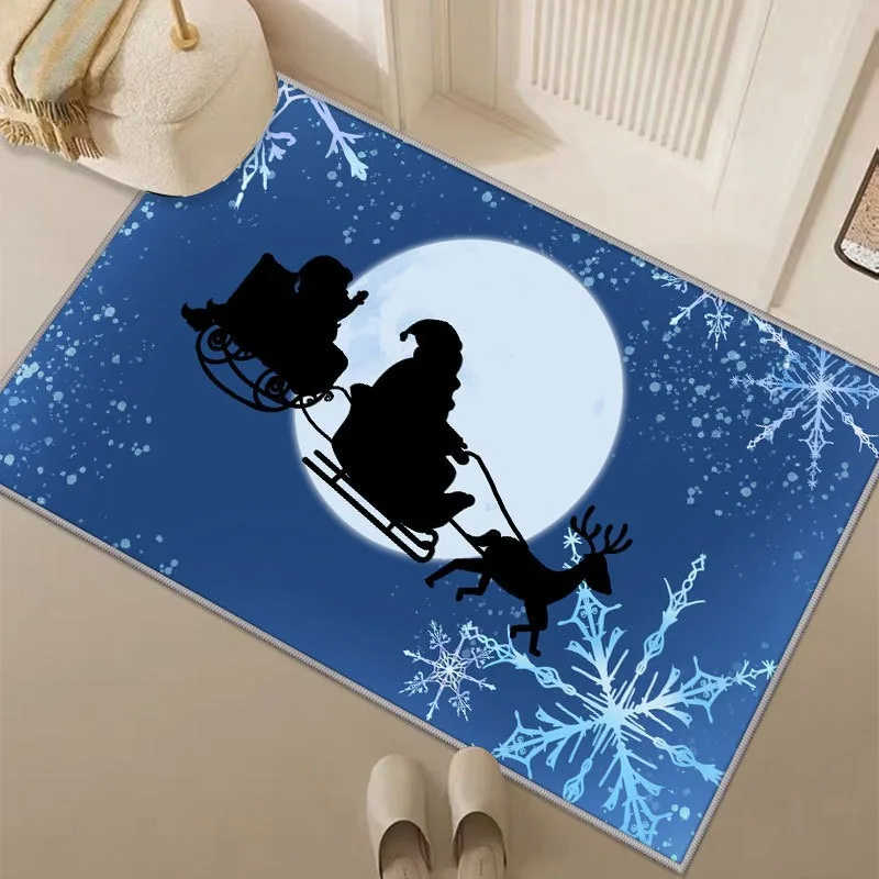 Magical Blue Santa Sleigh Moon Christmas Doormat Non Slip Entrance Rug For Winter Night Holiday Home Decor Gift