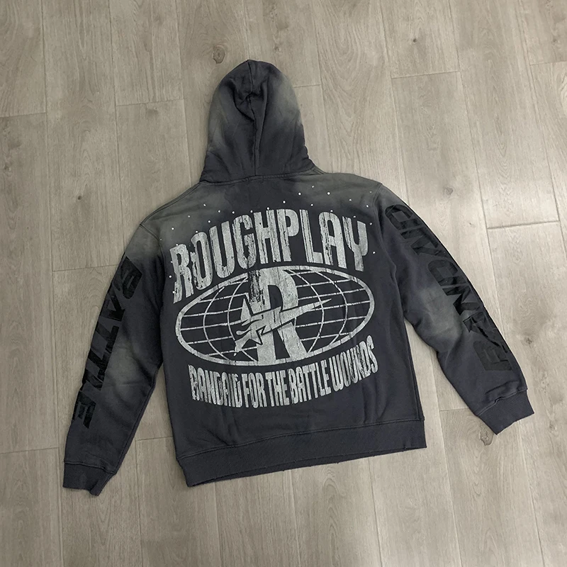 2026 New Arrival Fall Winter Rough Play Men Women Hoodie Gradient Grey Washed Red‑Black Portrait Rivet Hood Street Pullover