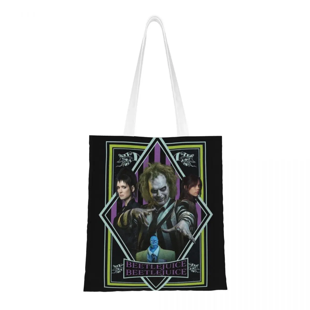 Custom Tim Burton Movie Beetlejuice Grocery Shopping Bag Printing Canvas Shopper Shoulder Tote Bag Big Capacity Portable Handbag