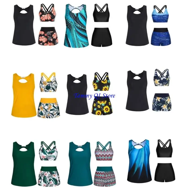 F1FD Women Flowers Print Bathing Suit 3 Pcs Split Swimwear Tankini Swimsuit Swimming Costume Set Ladies Sports Swimwear