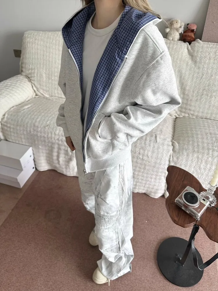 

ay System Double-Sided Wear Cardigan Sweatirt Men's Autumn CleanFit Design High-End Boxy ape Plaid Outerwear