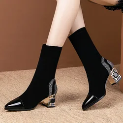 Slim Short Boots Woman Mid Calf Boot Elastic Fabric Rhinestone Square Heel Women's Winter Shoes Black Female Footware