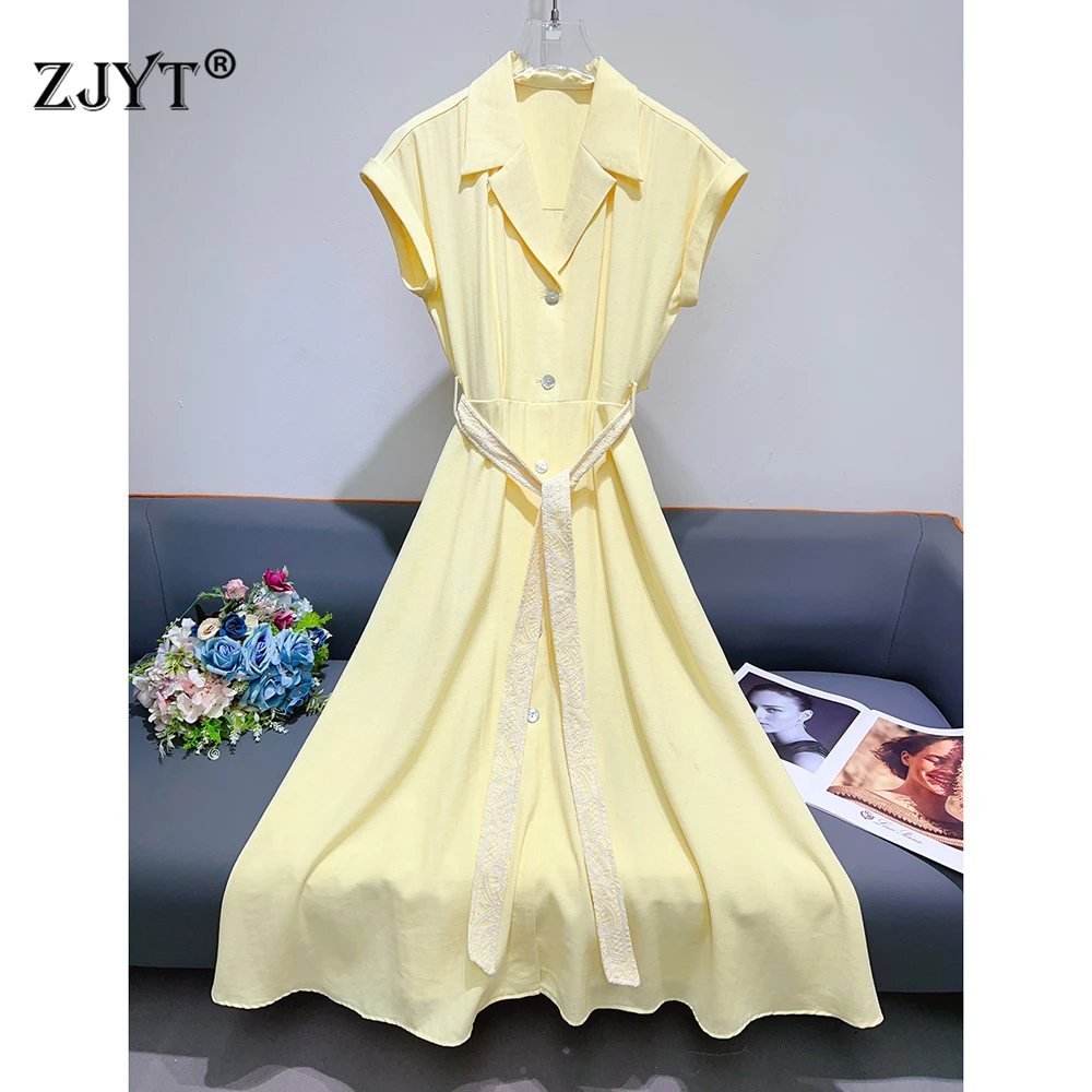 

ZJYT Summer Linen Shirt Dresses for Women 2025 Fashion Short Sleeve Lace Up Single Breasted Casual Vacation Dress Yellow Vestido