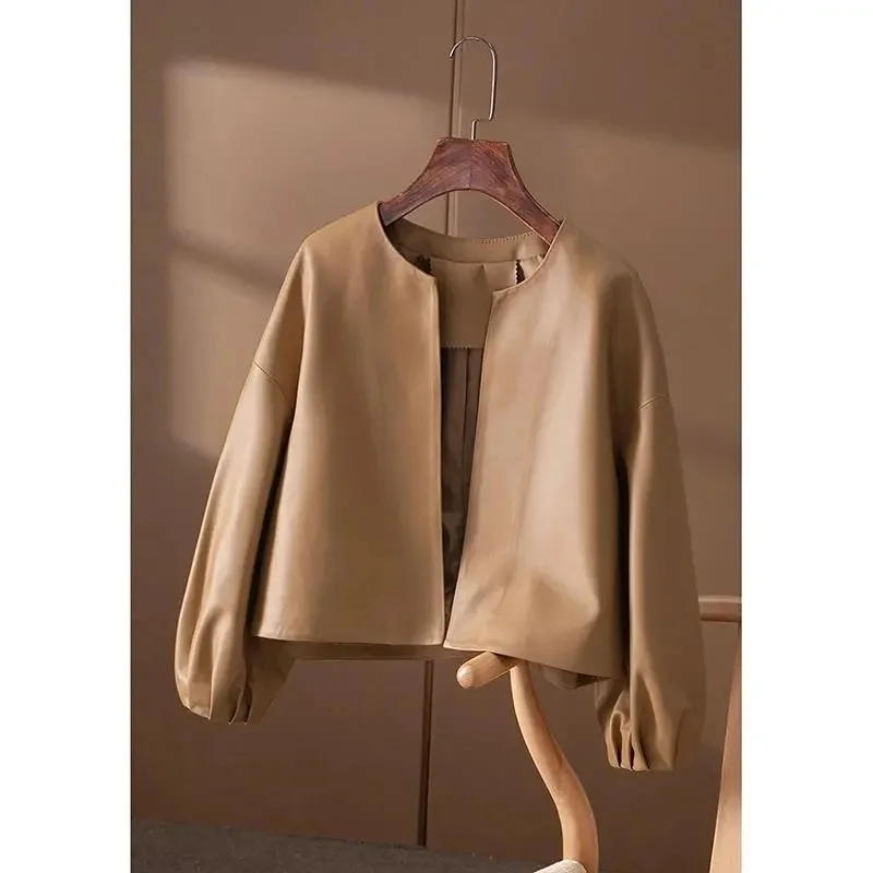Spring Lady Lantern Sleeved PU Leather Coat Autumn Femme Round Neck Loose Jacket Korean Women Fashion Short Faux Leather Outwear
