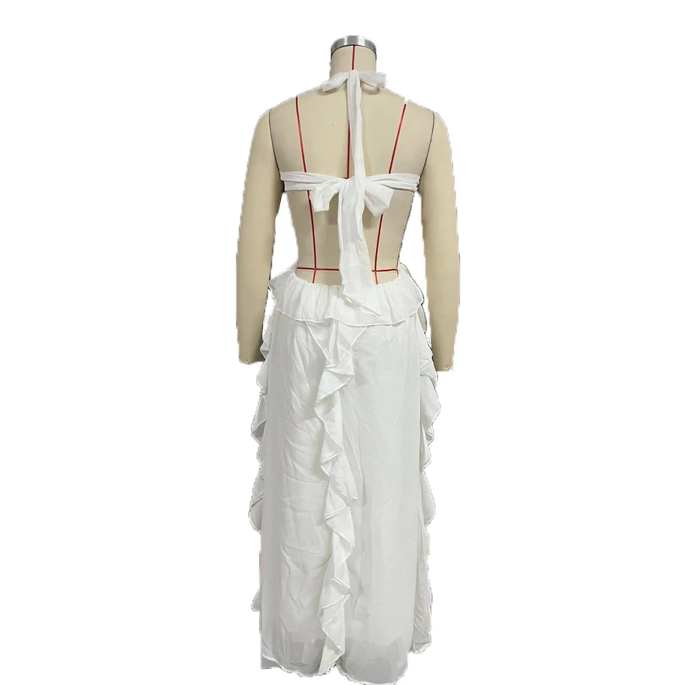 بوتيك الأبيض كشكش فستان الأمومة التقطت الصور الرسن الرقبة انقطاع ماكسي ثوب أنيق الحمل الزي ملابس استحمام الطفل #2