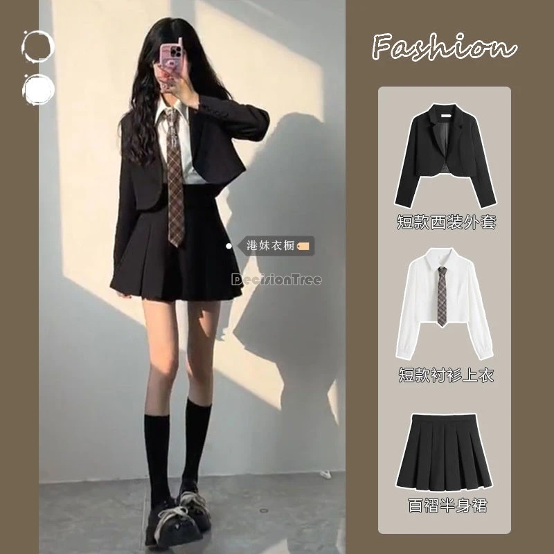 

2024 vintage short jk uniform three-piece women's spring suit jacket high-waisted pleated skirt long-sleeved shirt top set w103
