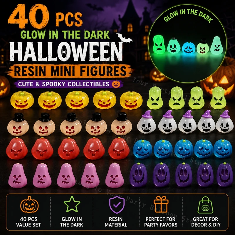 8-40PCS Luminous Halloween Resin Mini Figurines 8 Styles Pumpkin Ghost Ornaments Glow In Dark Home Table DIY Craft Decorations