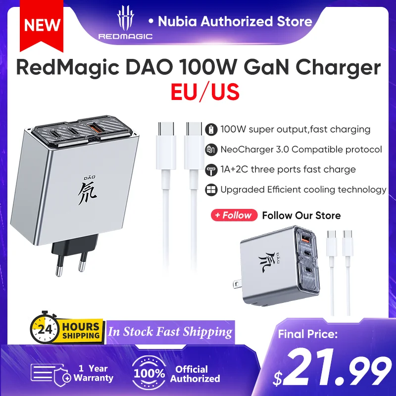 NUBIA Redmagic DAO 100W GaN Charger Fast Charger 2C 1A Mobile Phone Charger for Red Magic 9 Pro Iphone 15 Pro Max Xiaomi 14