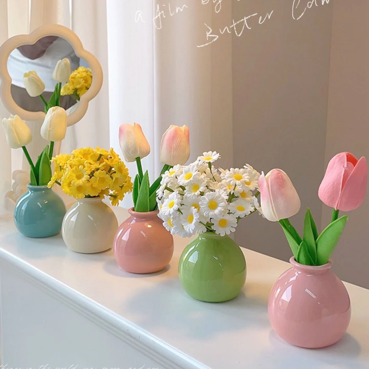 

Ins Aesthetic Mini Wide Mouth Ceramic Vase Set Artificial Tulip Table Decor For Bedroom Living Room Nordic Home Decor