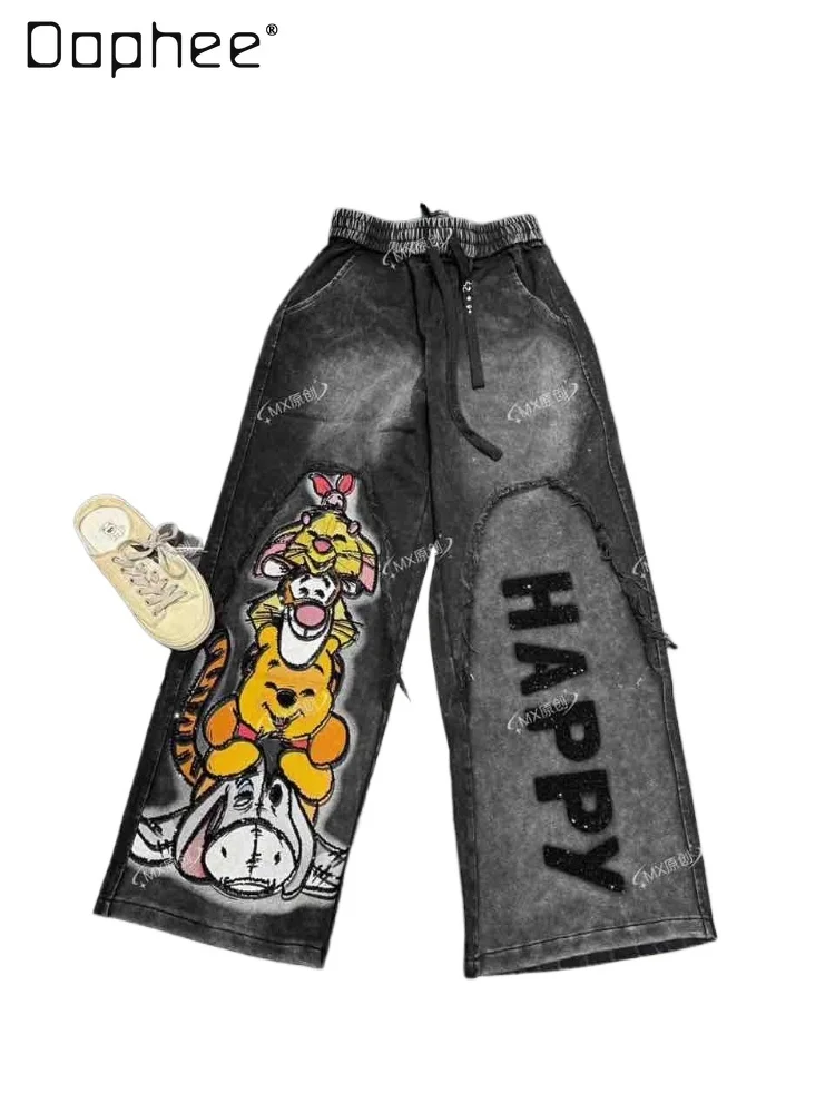 

Женские джинсы Сверхмощные потертые джинсы с мультяшным медведем Широкие брюки Утягивающие повседневные прямые брюки Мешковатые джинсы