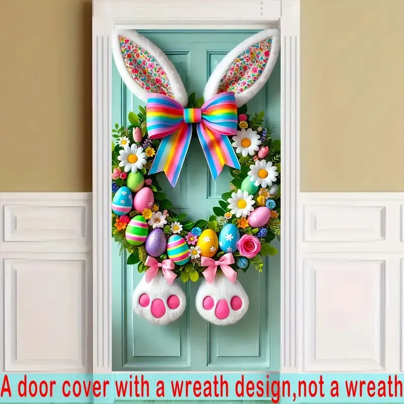 1pc, Joy entrance, Easter Bunny ear wreath with rainbow bow and Easter Egg - 35.4 