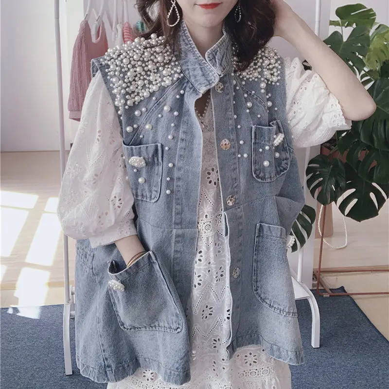 Spring new heavy industry pearl jacket loose BF jacket cardigan trendy Hong Kong style retro denim vest for women