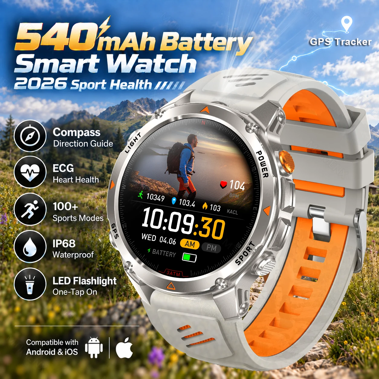 Smartwatch z funkcją śledzenia GPS dla mężczyzn, model 2026, z funkcjami monitorowania zdrowia, kompasem, połączeniami Bluetooth, latarką LED, baterią 540 mAh, wodoodpornością do 30 m, sportowy