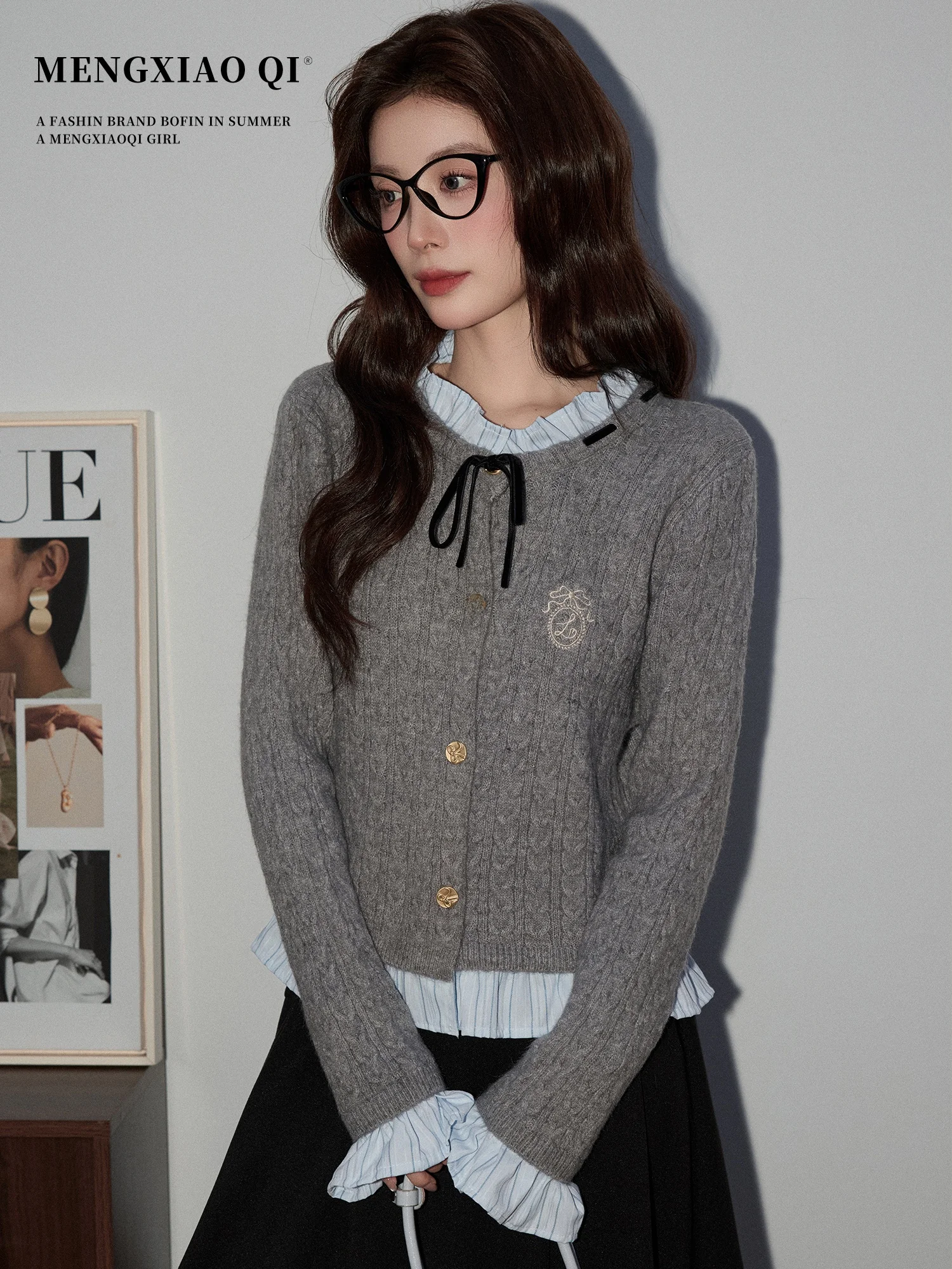 

Meng Xiaoqi Sweet Design Knot Lace Knitted Sweater Women's Autumn Winter Color Blo Colion Fake Two-Piece Slimm...