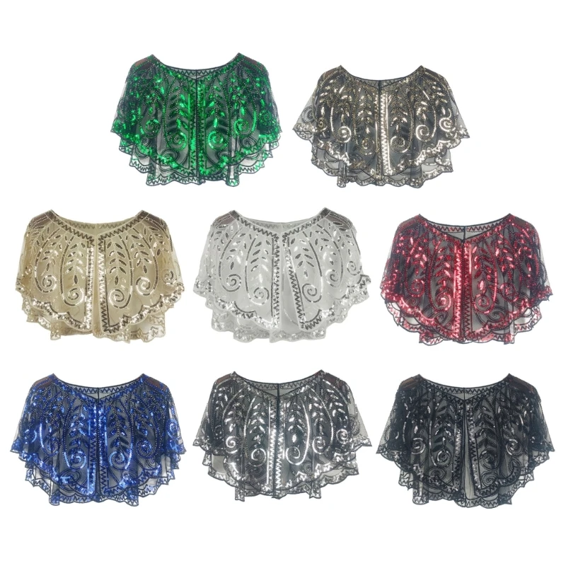 Glittering Party Ponchos Embellished Tulle Wrap Shawl Meshes Shawl Beaded Decoration for Dinners and Parties M6CD