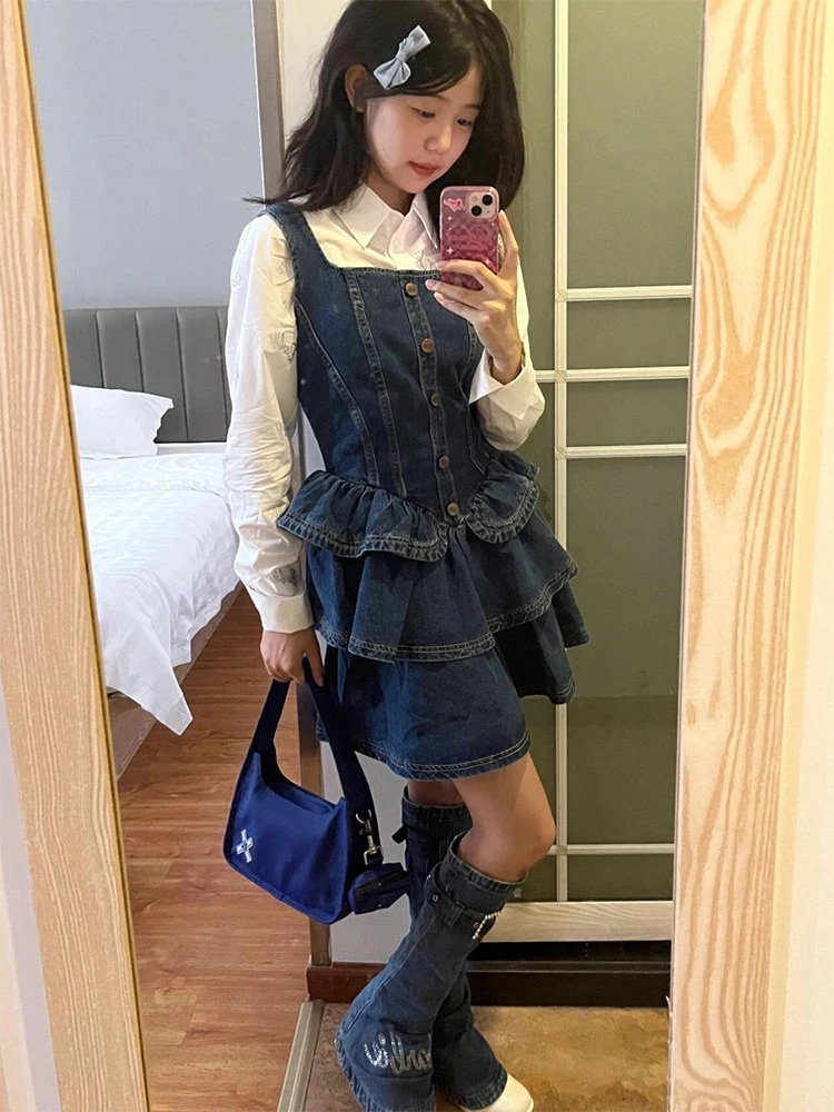 Zomer ort Cake Rok Dr Dames Denim Puffy Sve Afslanken Taille Cinched Hot Girl Dr A-lijn Silhouet 8-24 jaar oud