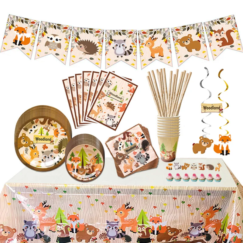 

Woodland Party Decoration Forest Animals Theme Birthday Supplies Tablecloth Dessert Plates Napkins Paper Straw Fox Cake Topper