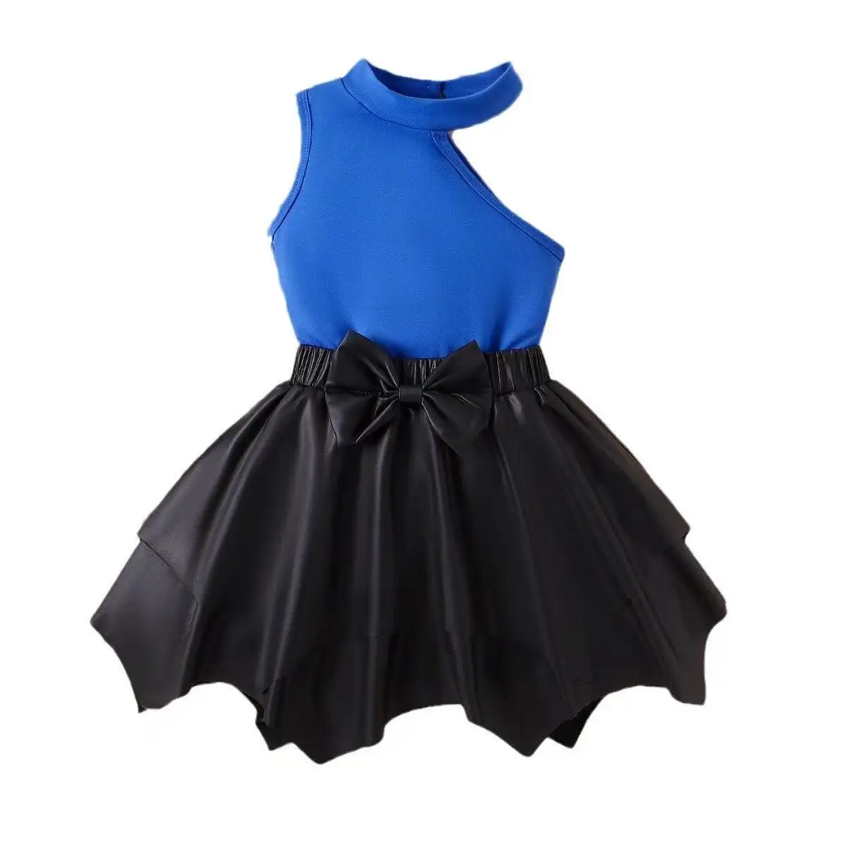 Clothes for Kids Girl 4-7 Years 2 Pcs Fashion Girl Sleeveless T-shirt Leather Skirt Costume Summer Children Girl Holiday Outfits