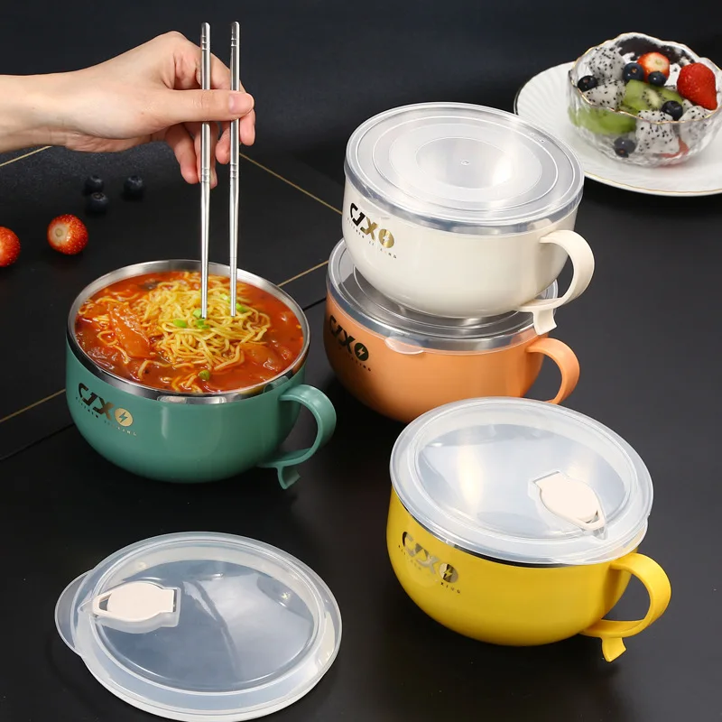

1л миски для лапши быстрого приготовления из нержавеющей стали с крышкой, ланч-бокс, посуда, миска для фруктового салата, рамэн, контейнер для еды, кухонная утварь