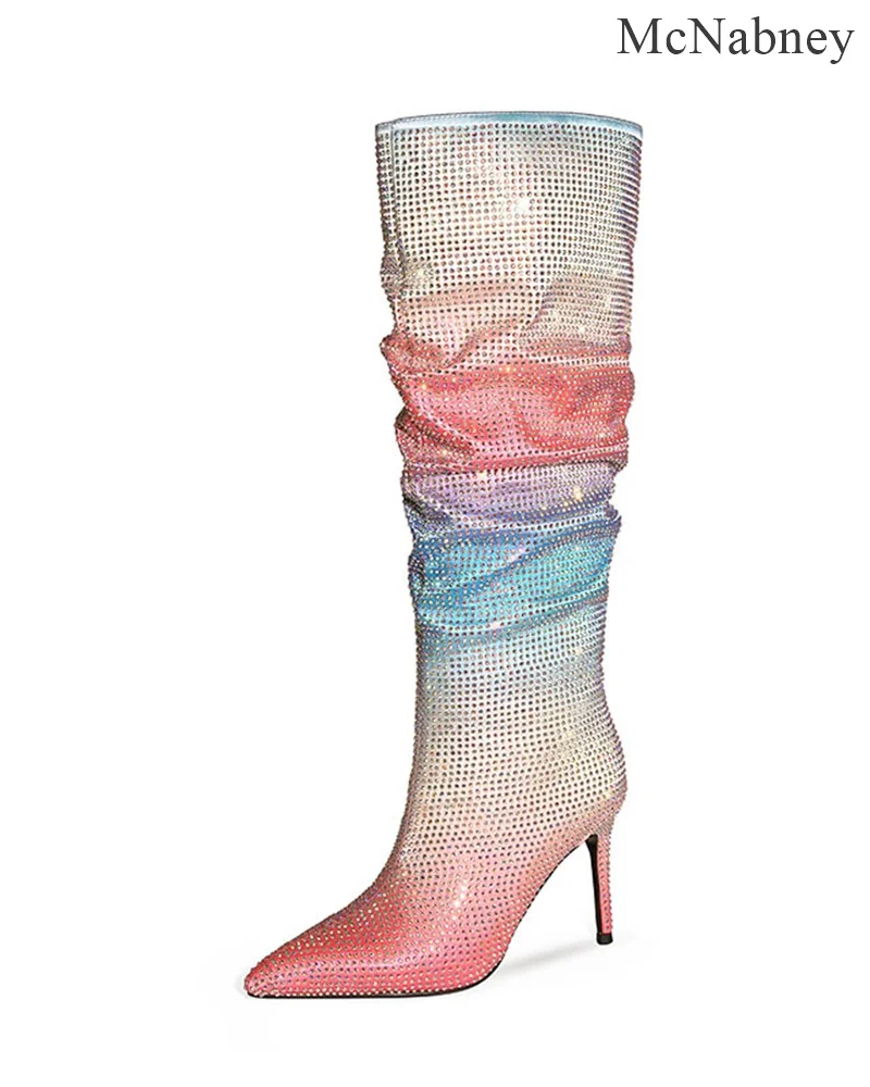 

Rainbow Color Women Knee-High Stacking Boots Pointed Toe Thin High Heel Fashion Pleated Bling Boots Comfortable And Soft