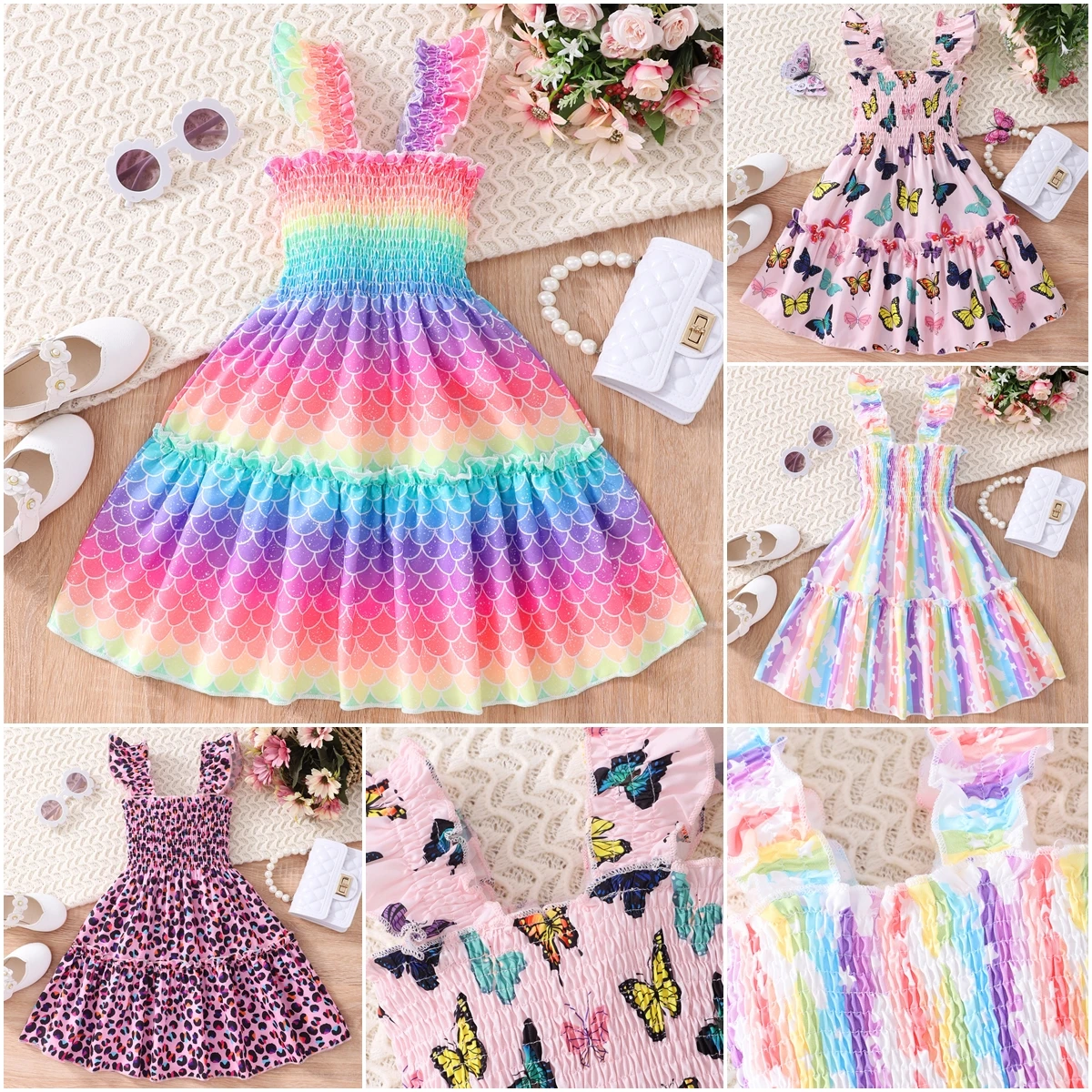 Summer Dress Girls Cartoon Animal Mermaid Butterfly Rainbow Flying Sleeve Kids Dresses Cotton Ruffles Toddler Girl Clothes 1-7Y