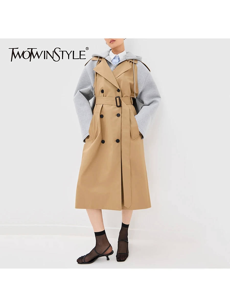 

TWOTWINSTYLE дизайнерский хит цвета длинная куртка для женщин с воротником с капюшоном и длинным рукавом с разрезом сзади элегантный Тренч женский модный новый