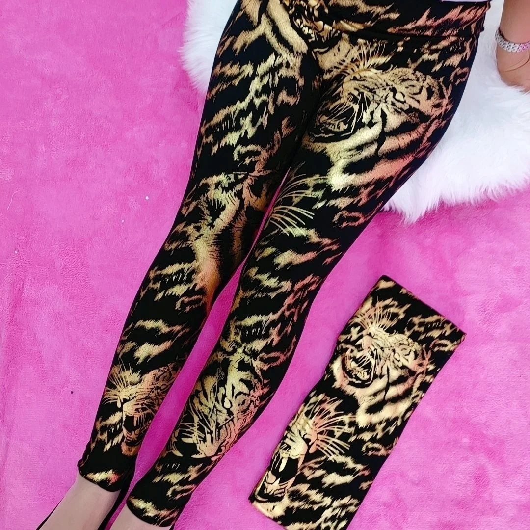 Summer Spring Black Gold Tiger Thin Sequin Women\'s Leggings Pants High Waist Plus Size Pencil Trousers