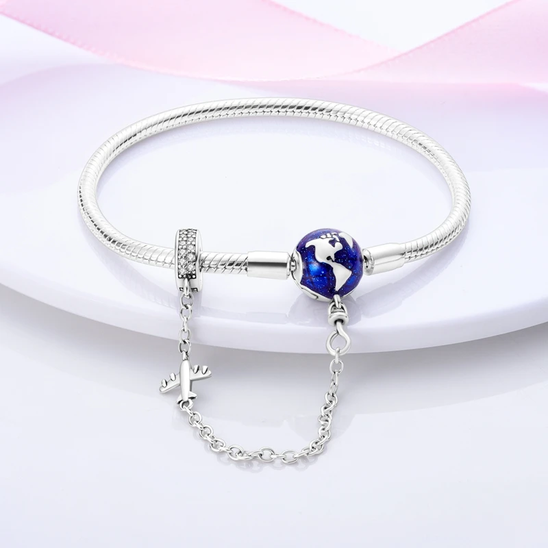 17-20CM 925 Sterling Silver Pink Heart Lock Aircraft Earth Bracelet With Safety Chain Fit DIY Charms Beads Fine Birthday Jewelry