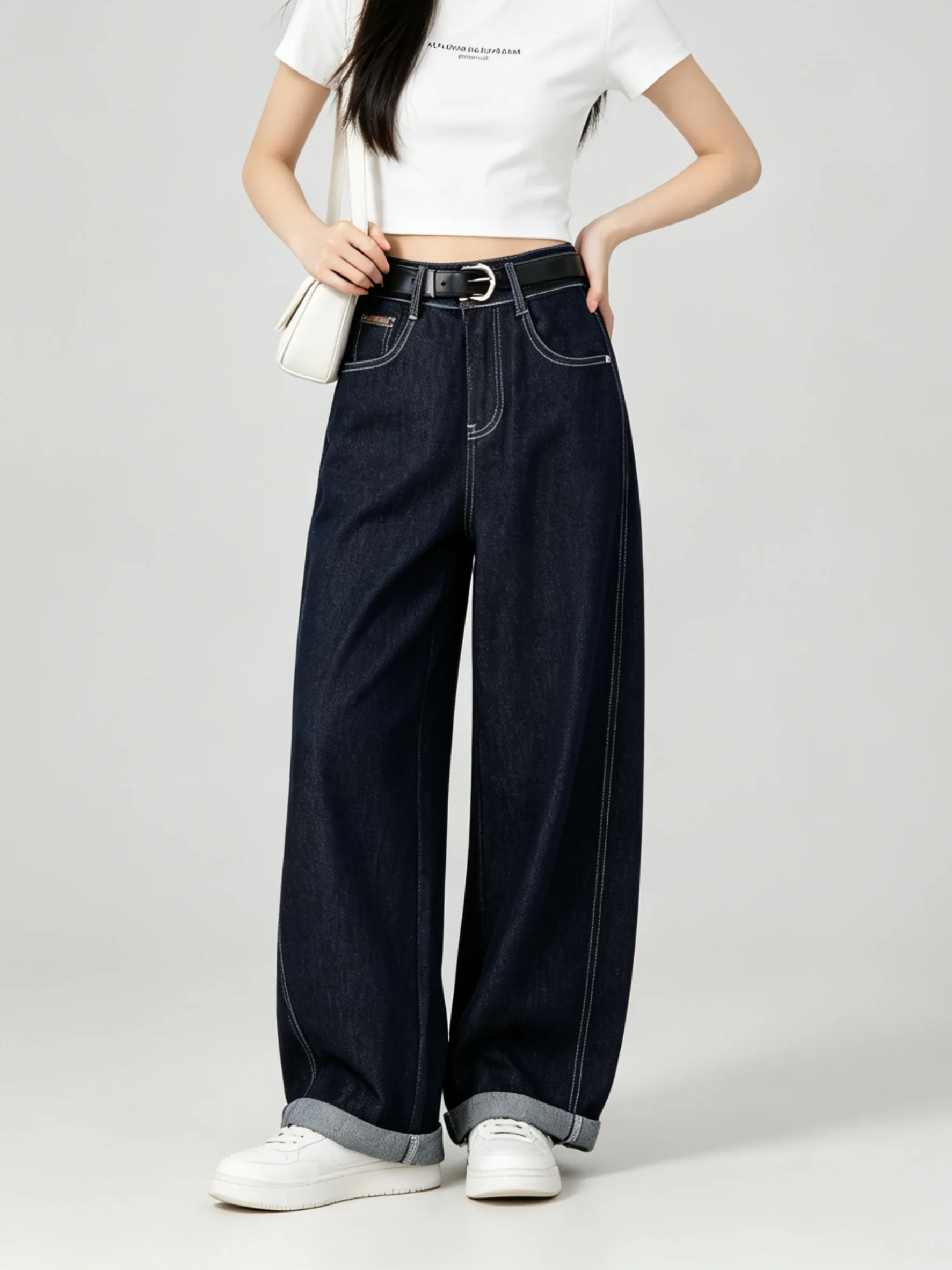Slimming High Waist Wide Leg Casual Jeans Skin-friendly Versatile Autumn Cuffed Knife  Pants for Young Women